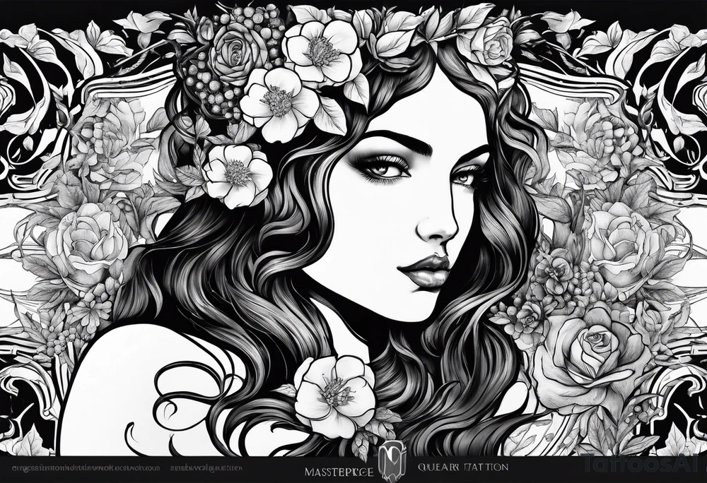 Greek mythology with persephone goddess with a dark or gothic perspective. Include pomegranate, flowers and her being the queen of the underwood tattoo idea