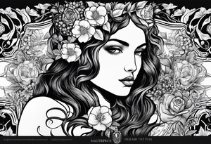 Greek mythology with persephone goddess with a dark or gothic perspective. Include pomegranate, flowers and her being the queen of the underwood tattoo idea