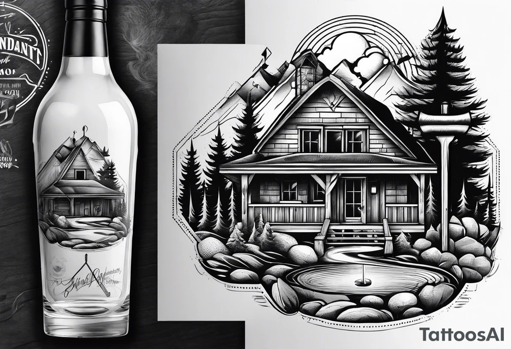 cross with whiskey glass, golf club, camp fire and cabin in the quandrants tattoo idea