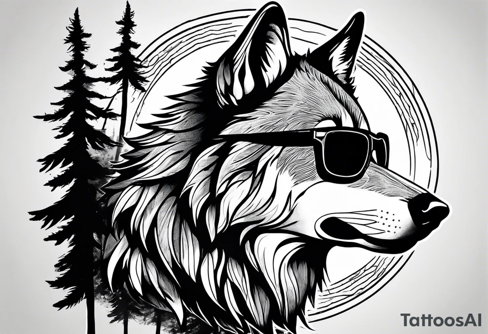 Badass wolf wearing sunglasses
Dark woods
Mountain peaks
Sunset tattoo idea