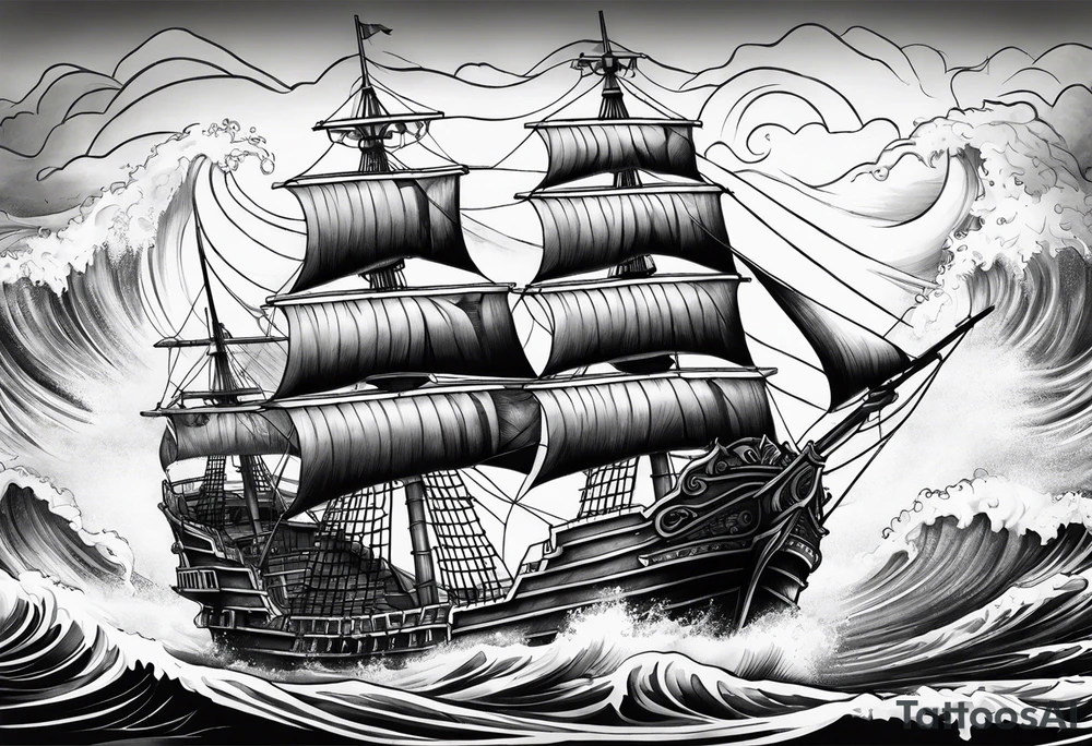 Black pearl pirate ship with waves tattoo idea