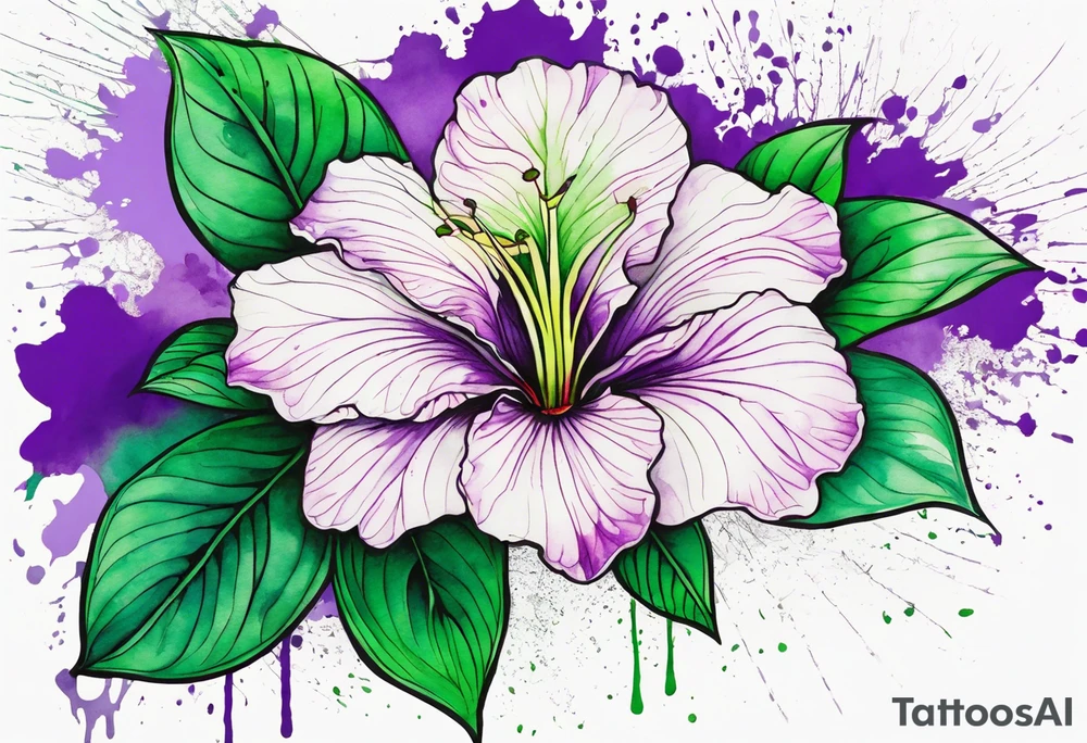 An outline of a green rio dipladenia flower and a green and purple watercolor splash in the background tattoo idea