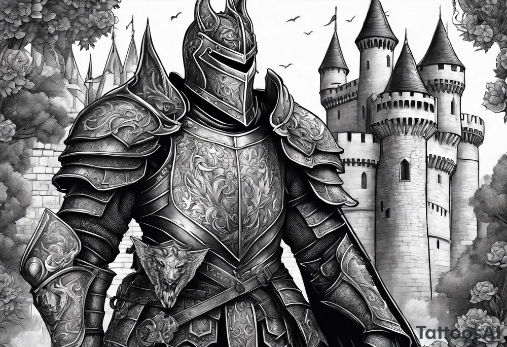 knight in armor full body with castle in background and dragon tattoo idea