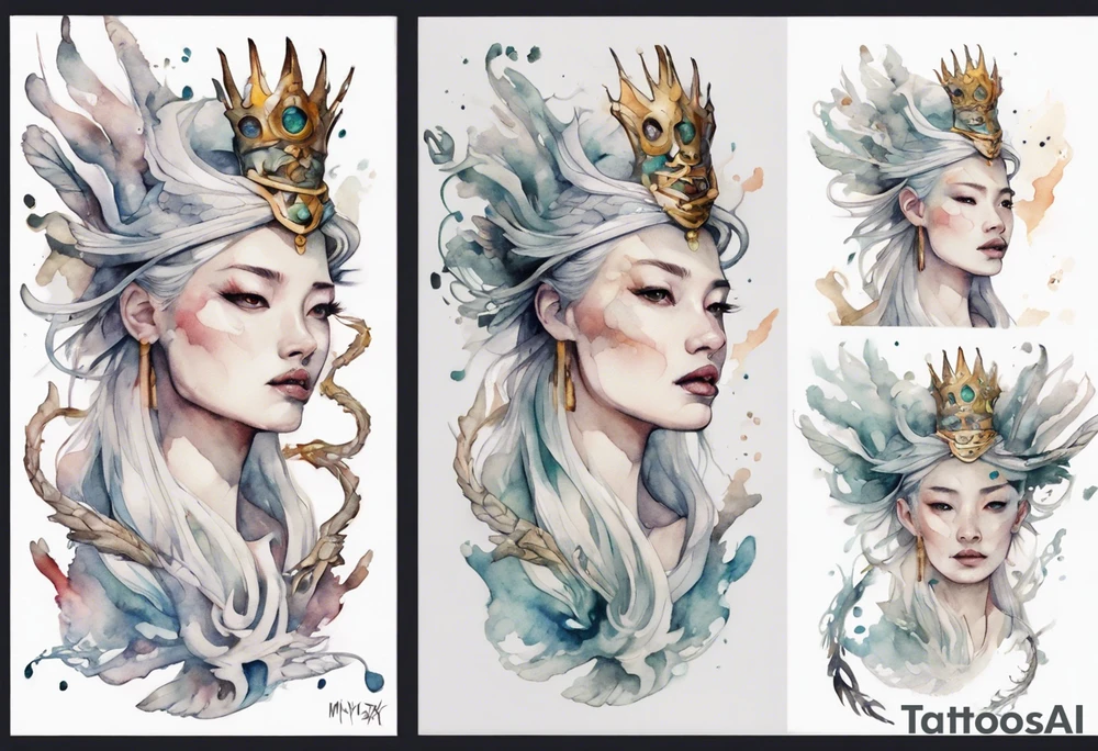 a white bird-serpent hybrid, wearing an iron crown on her head tattoo idea