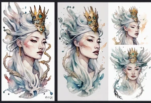 a white bird-serpent hybrid, wearing an iron crown on her head tattoo idea