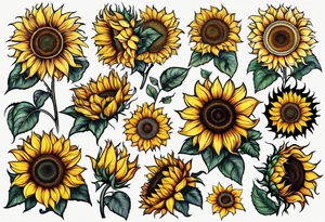 Multiple species of sunflower outline tattoo idea