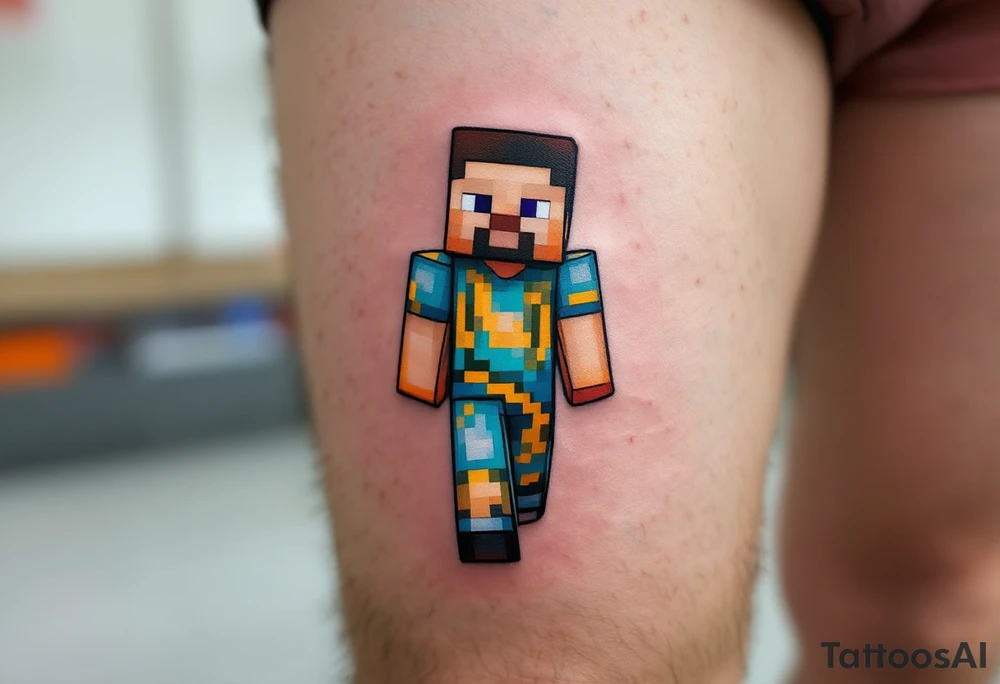 Small Minecraft Steve tattoo more vibrant colors more cartoonish walking straight legs very very small make it pop out more tattoo idea