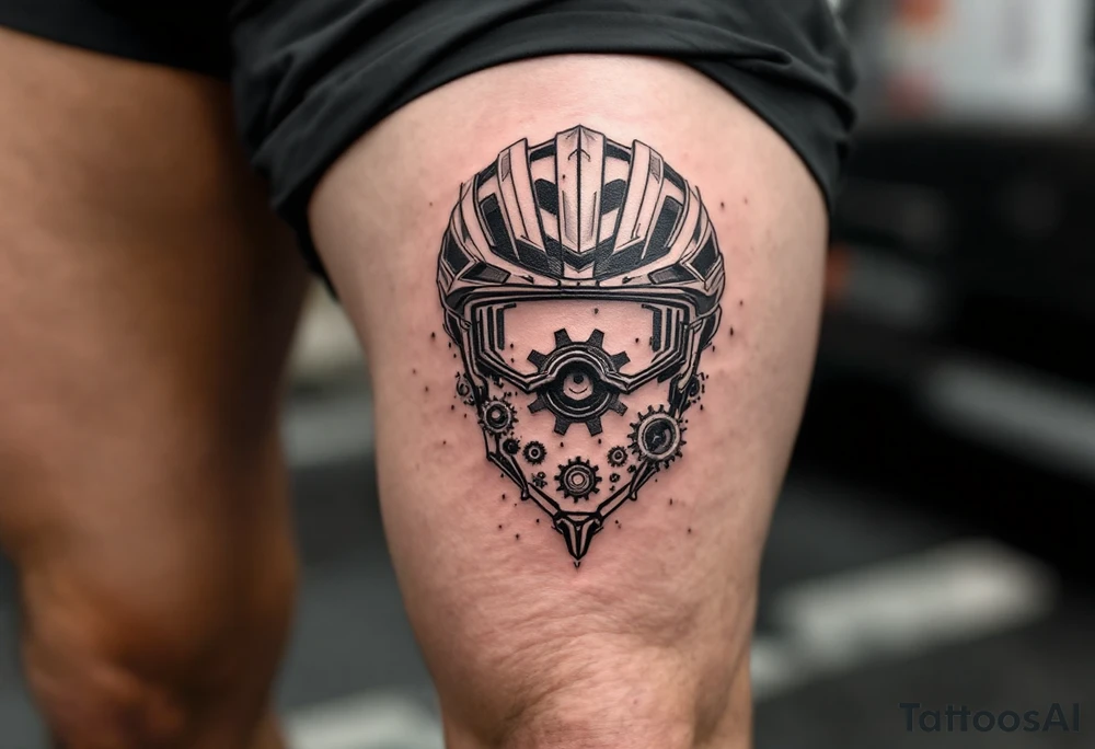 A cycling helmet design with gears etched into the sides, with the helmet representing protection and safety, and the gears symbolizing the technical side of cycling, shaded in bold black with small highlights of silver. tattoo idea