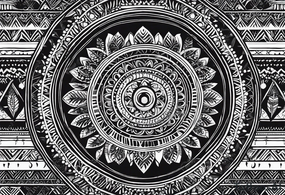 Tatouage ornement noir et blanc. Forme géométrique en longueur avec quelques petit signes aborigène australiens désignant les kangourous et la vie. Puis dessiner un soleil, des vagues. Ainsi que  des feuilles provenant d’Australie et de  Bali. Lignes très fines. tattoo idea