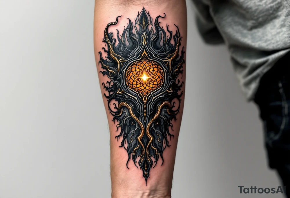 A fusion design of organic veins and metallic elements in jet black and bronze, blending with skin through shadowed transitions. tattoo idea