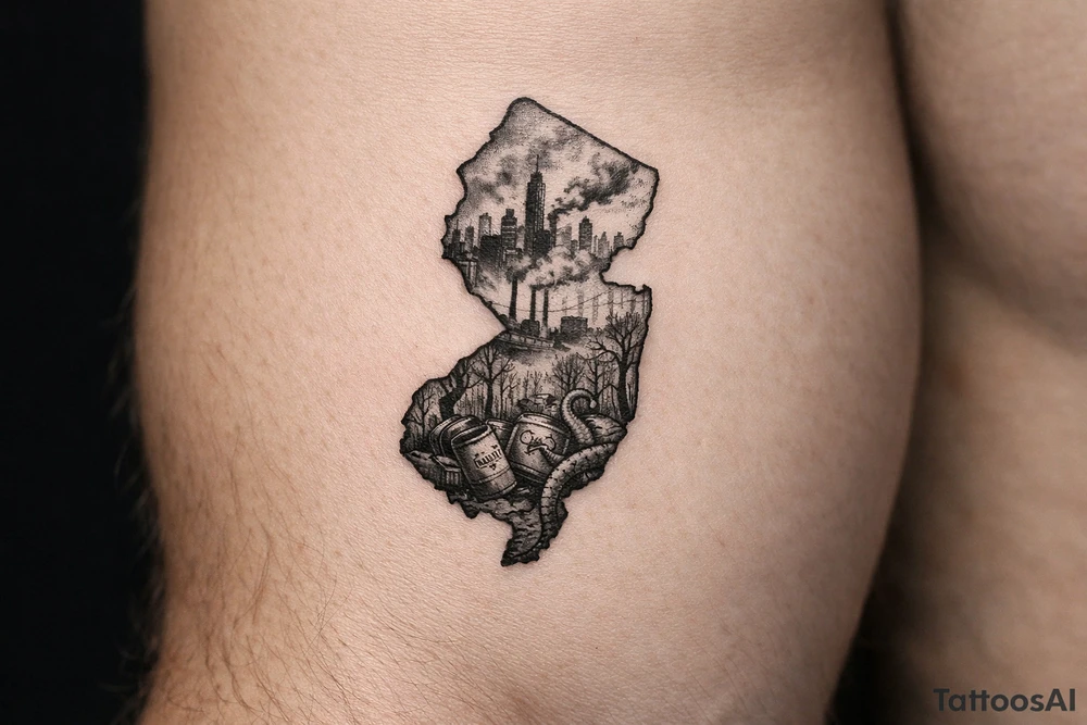 Outline of the shape of New Jersey with a dirty city skyline in the north fading in smog filled refineries in the northern part of central Jersey going into a toxic waste forest with a few tentacles and hazardous waste barrels tattoo idea