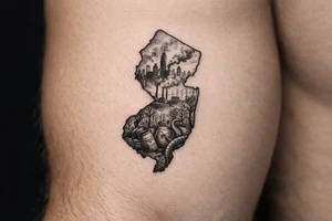 Outline of the shape of New Jersey with a dirty city skyline in the north fading in smog filled refineries in the northern part of central Jersey going into a toxic waste forest with a few tentacles and hazardous waste barrels tattoo idea