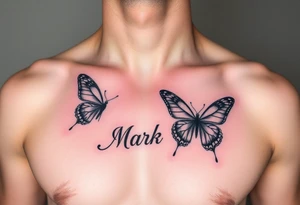 right side of chest with butterflies with the name “Mark” tattoo idea
