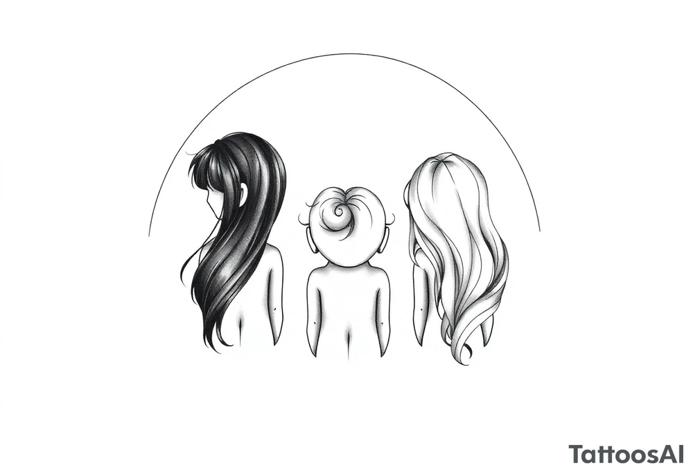 3 petites filles de dos ( une cheveux noir et deux blondes)
sous un arc en ciel incomplet tattoo idea