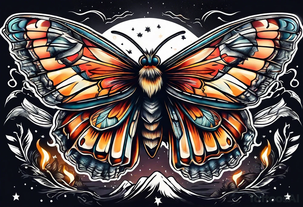 Moth flying near a campfire tattoo idea