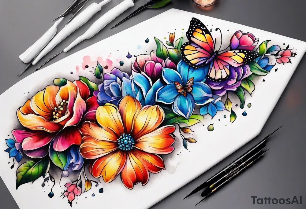 Arm sleeve with rainbow flowers and butterflies tattoo idea