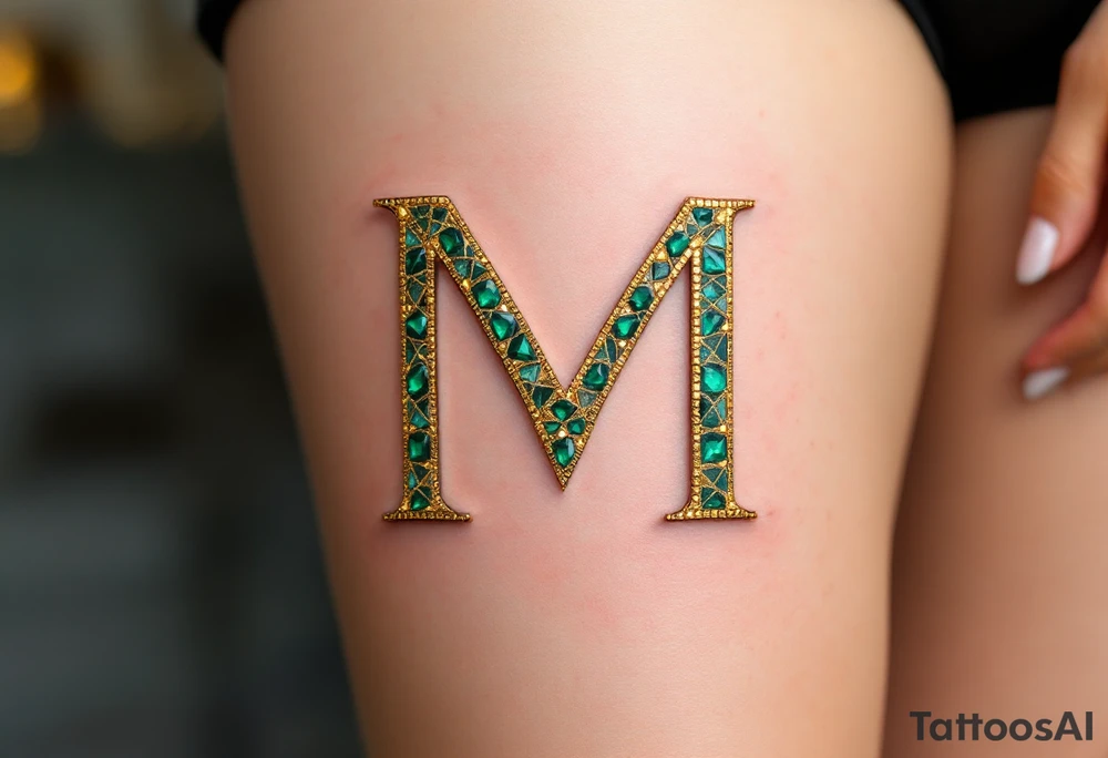 A mosaic-style "M" made of gold and emerald tiles, creating a royal effect. tattoo idea
