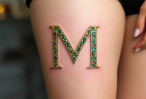 A mosaic-style "M" made of gold and emerald tiles, creating a royal effect. tattoo idea