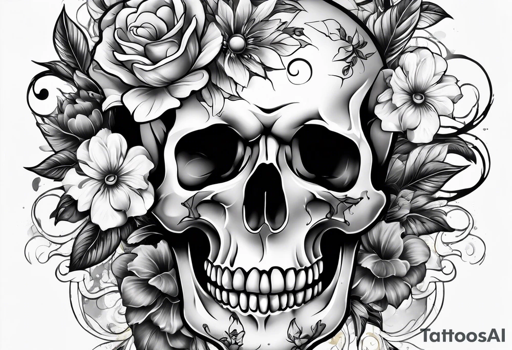 front knee tattoo with flowers & skulls, & water washes, background washes tattoo idea