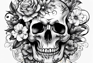 front knee tattoo with flowers & skulls, & water washes, background washes tattoo idea