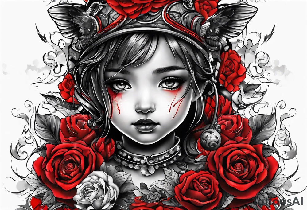 black and red childhood trauma half sleeve tattoo idea