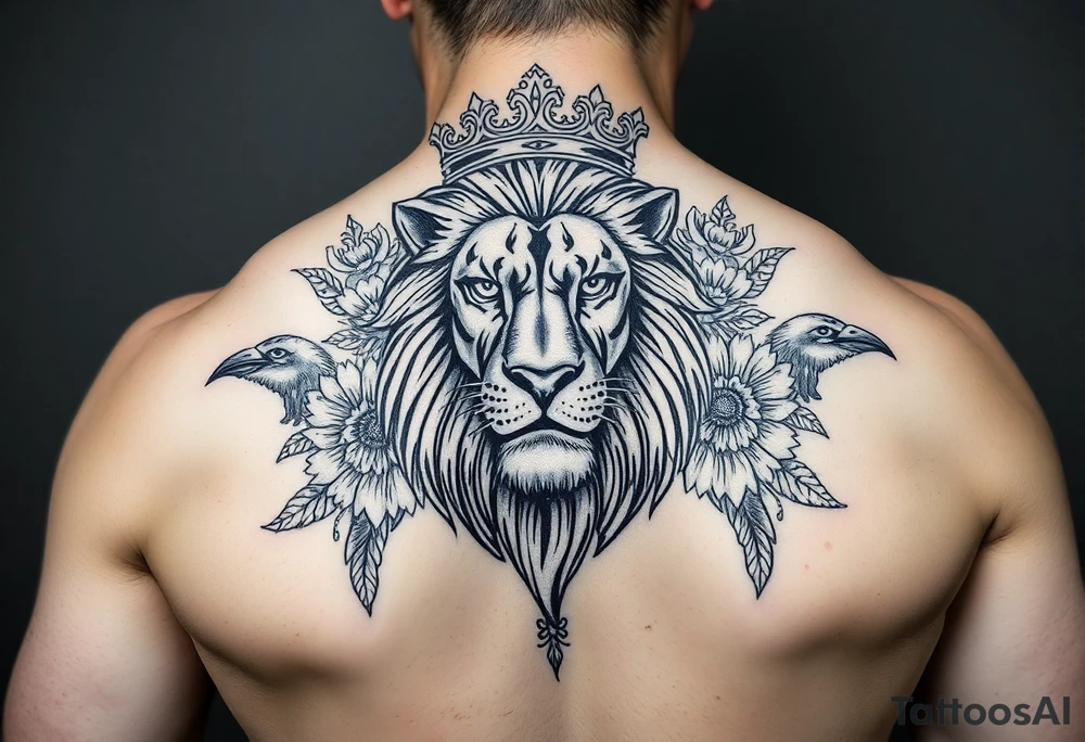powerful majestic lion with a crown, surrounded by floral ornaments and birds tattoo idea