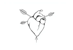 anatomical heart pierced by ornate arrow with flowing ribbons tattoo idea