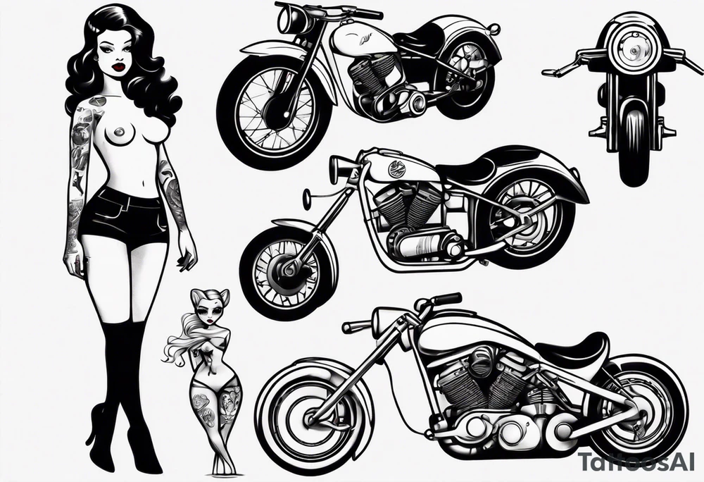 Pinup doll next to motorbike tattoo idea