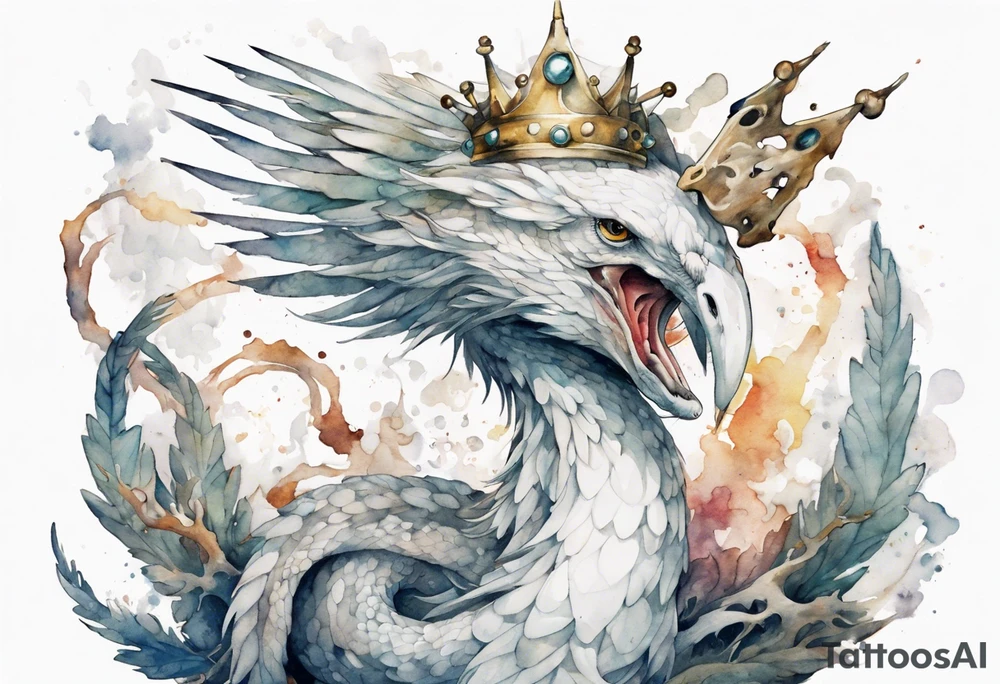 a white bird-serpent hybrid, holding an iron crown tattoo idea