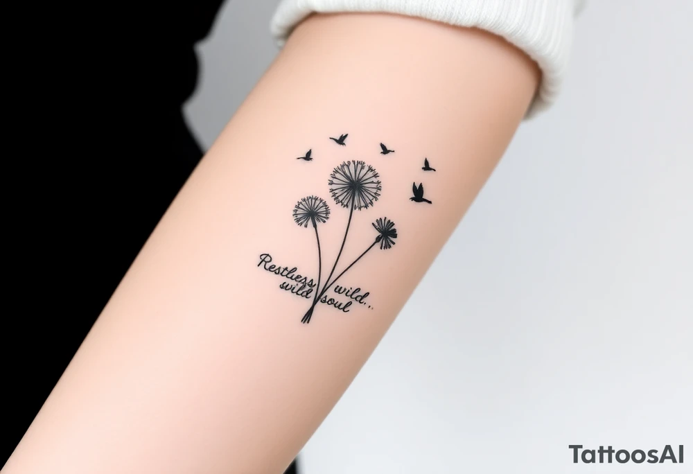 Black armband on forearm with wildflower dandelions in the middle with birds flying off and dopamine symbol coming off the stem. The words: Restless Mind, Wild Soul, Soft Heart tattoo idea