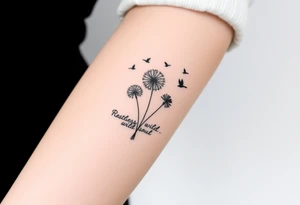Black armband on forearm with wildflower dandelions in the middle with birds flying off and dopamine symbol coming off the stem. The words: Restless Mind, Wild Soul, Soft Heart tattoo idea