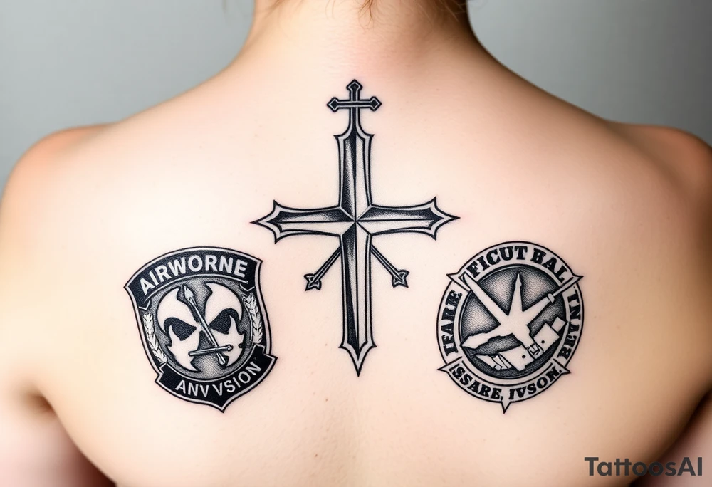 of soldiers battle 
cross with 82nd airborne division and first cavalry division unit patches tribute
 to your dad tattoo idea
