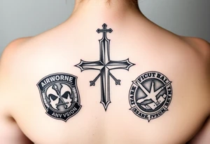 of soldiers battle 
cross with 82nd airborne division and first cavalry division unit patches tribute
 to your dad tattoo idea