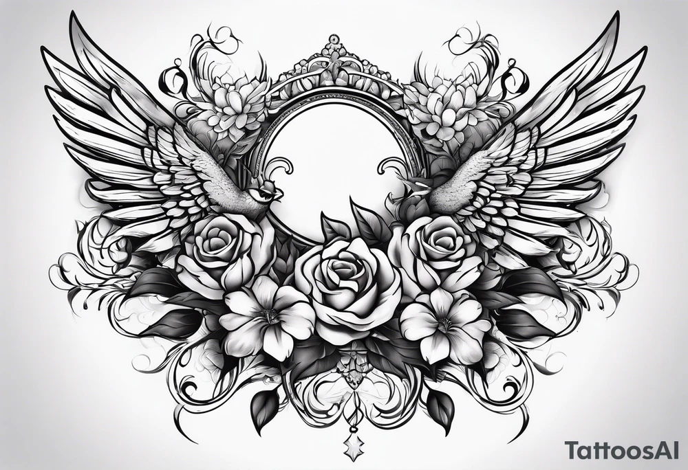 sleeve tattoo full guns and flowers and wings tattoo idea