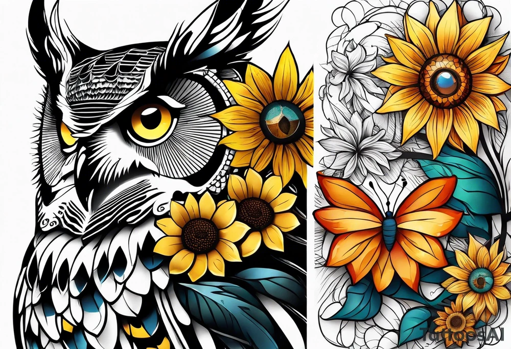 Owl, butterfly and sunflower are sleeve tattoo idea