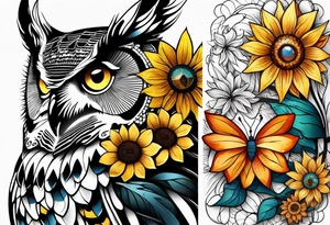 Owl, butterfly and sunflower are sleeve tattoo idea