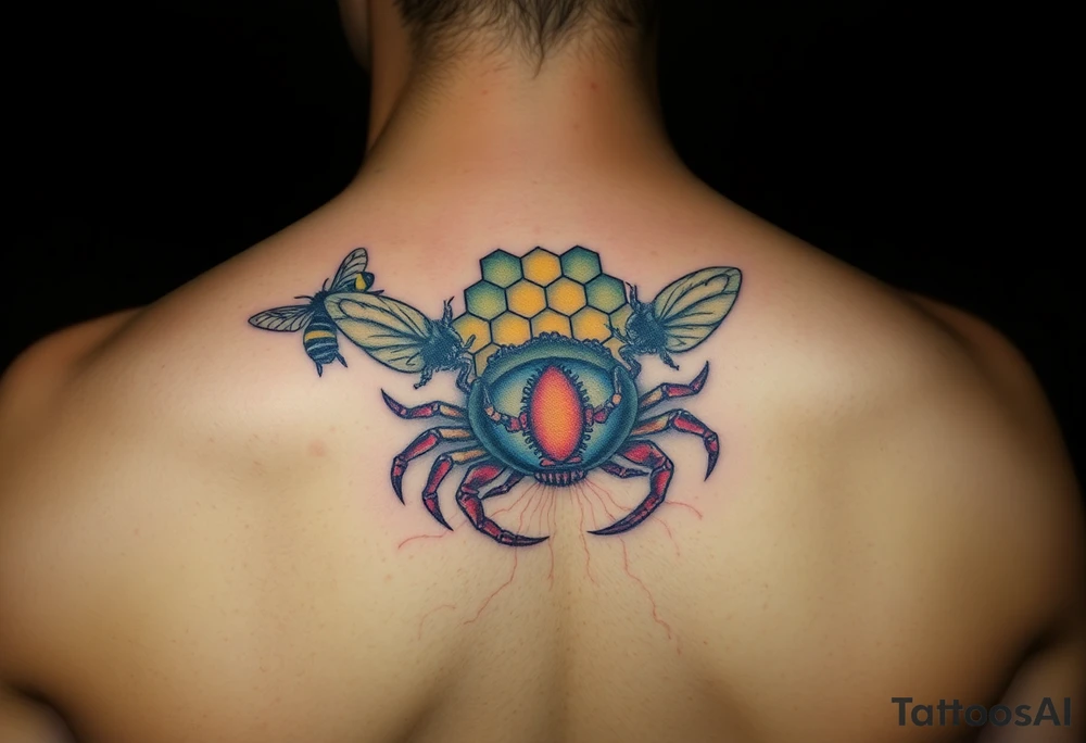 Honey comb bees, fish, crab tattoo idea