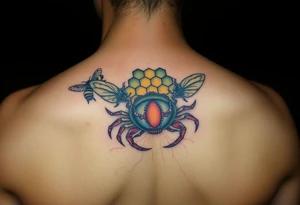 Honey comb bees, fish, crab tattoo idea