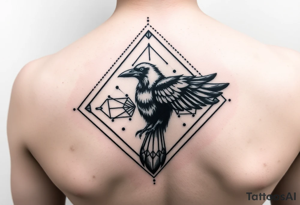 Diamond Geometric design with dotted lines and other designs with big crow extended in the center with dark shading for forearm tattoo idea