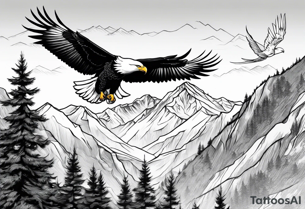 Mountain in the background with trees an eagle soaring with a White Dove sitting on a branch at the top of the mountain tattoo idea
