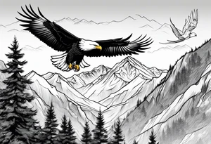 Mountain in the background with trees an eagle soaring with a White Dove sitting on a branch at the top of the mountain tattoo idea