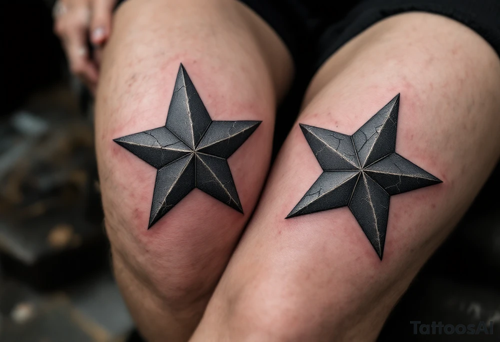 Stars made of cracked stone, in dark gray with sharp fractured edges, perfectly centered on both kneecaps, evoking durability and ancient energy. tattoo idea