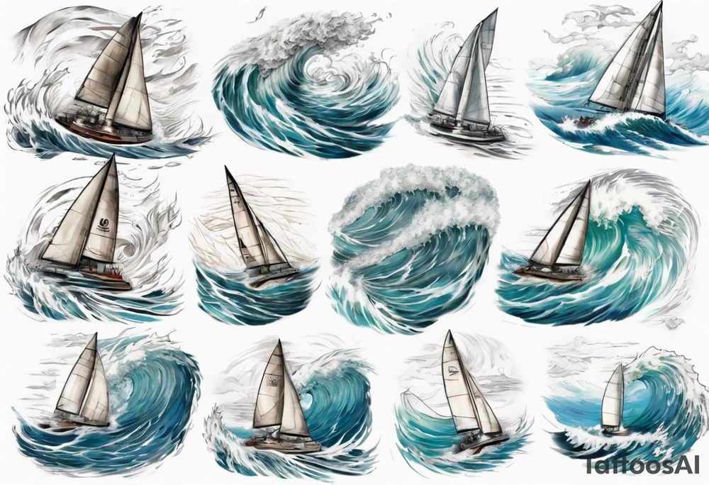 Sailing Catamaran in Rough weather and waves tattoo idea
