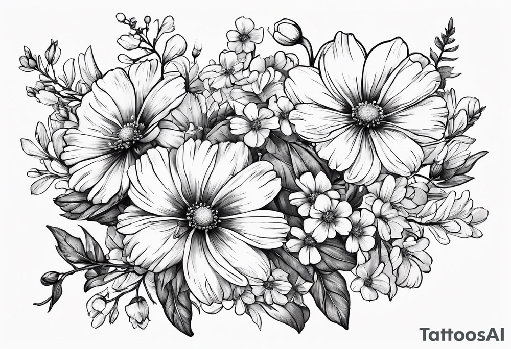 Flower bouquet with honey suckle and cosmos tattoo idea
