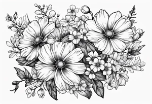Flower bouquet with honey suckle and cosmos tattoo idea