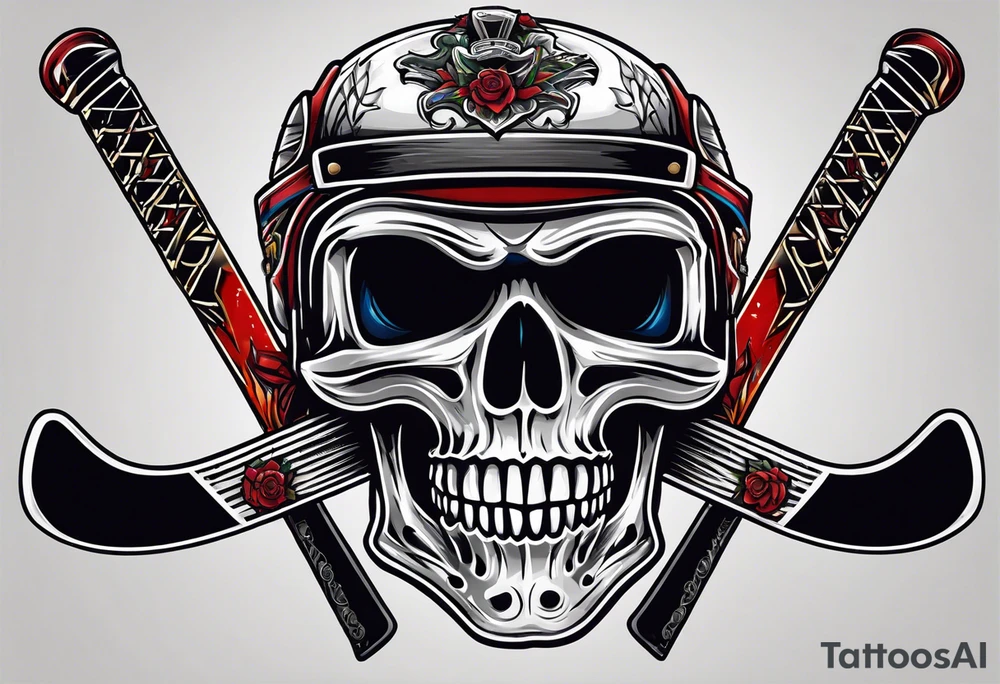 hockey helmet skull with stick and puck.  Skate or die above tattoo idea