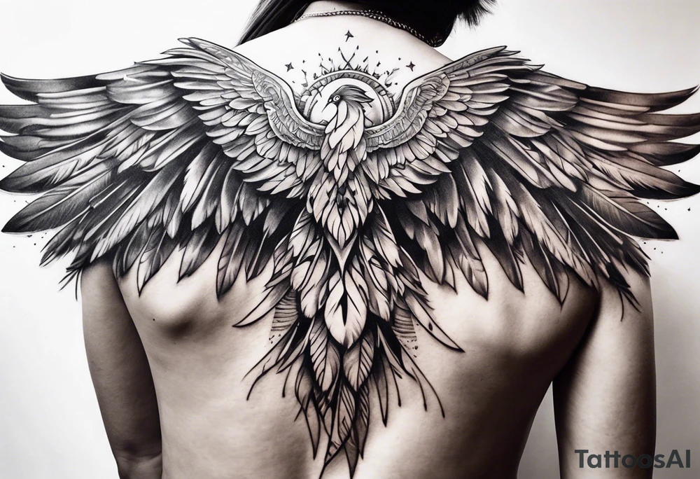 wings across upper back and shoulders with detailed feathers tattoo idea