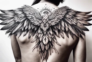 wings across upper back and shoulders with detailed feathers tattoo idea