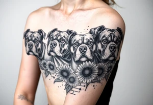 Multiple very thick muscled up pitbulls' portraits fading into the background as filler incorporate sunflowers, an old road made from pavers tattoo idea