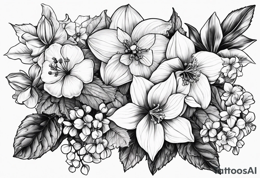 Hydrangea, Narcissus, Poinsettia, Holly, Gladiolus, Poppy, Daisy, Sweet Pea floral tattoo idea